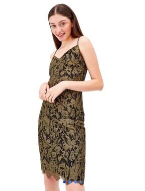 Lauren Ralph Lauren Gold Metallic Lace on Black Slip Dress Size 2